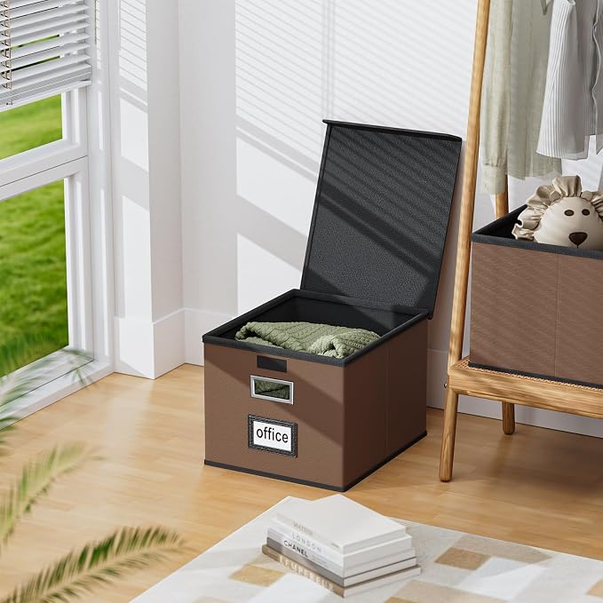 File Organizer Box with Lids, Collapsible File Folder Organizer | File Box with Plastic Slides for Document, Filing Bin for Letter Size Hanging File Folders (1 Pack, Dark Brown, Leather)