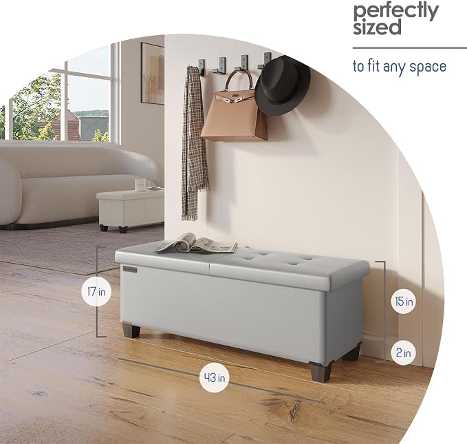 Storage Ottoman Bench with Bins, 43-in Storage Bench for Bedroom End of Bed, Folding Foot Rest Ottoman for Living Room Max 660lbs, Leather Ottomans, Light Grey