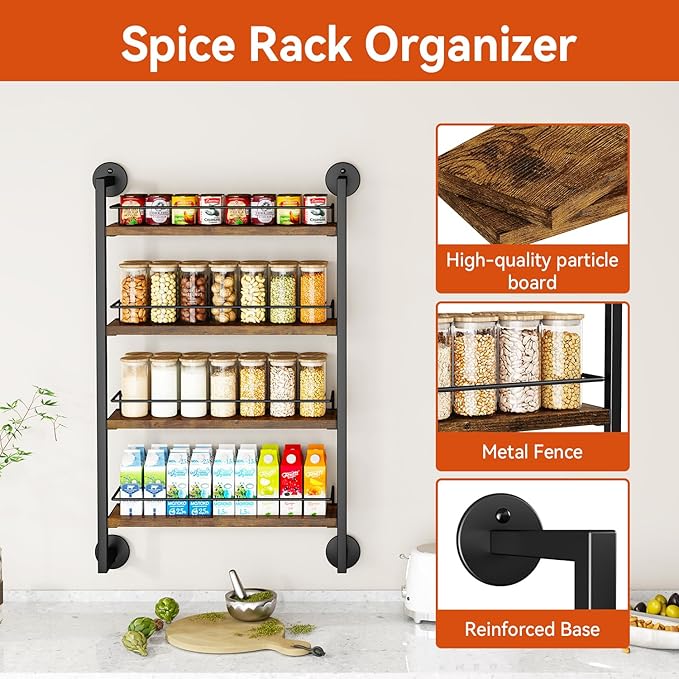 IBUYKE 4 Tier Spice Rack Wall Mount for Kitchen,Brown TLJ016H | Hanging Seasoning Organizer Large Spice Rack for Wall Spice Organization for Kitchen Cabinet Bathroom Pantry Living Room