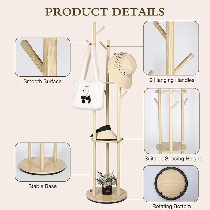 Wood Coat Rack Freestanding Rotary Coat tree with 3 Shelves and 9 Hooks | Heavy Duty Coat Rack Coat Hanger Stand for Entryway, Bedroom, Living Room – Holds Jackets, Coats, Hats, Bags (Natural)