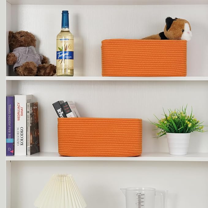 3-Pack Small Storage Baskets for Organizing | Woven Shelf Toy Basket | Rope Baskets for Gifts Empty | Closet Organizer Bins with Handles | Cube Decorative Box | 11.8×7.8×5.1” | Orange