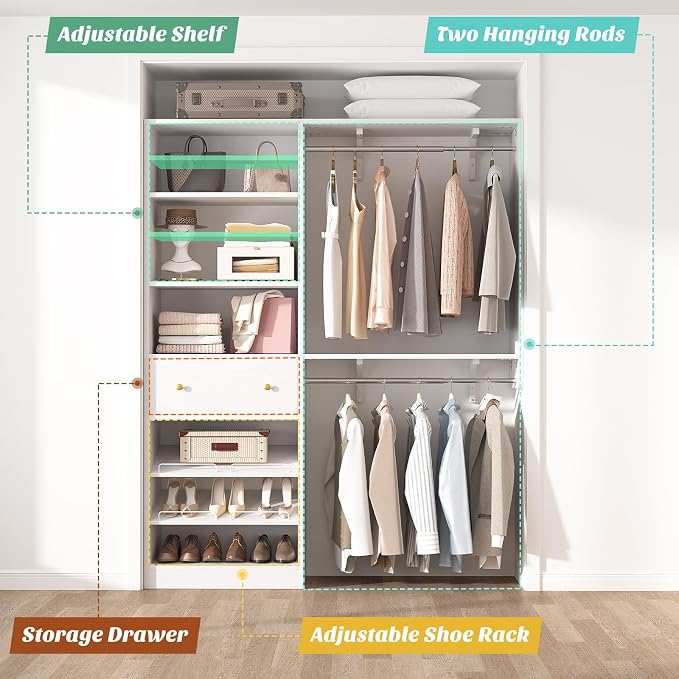 [10 FT Closet System] 120 Inch Reversible Set of 2 Wood Closet Organizer System with 2 Drawers, 4 Hanging Rods Adjustable Shelf, Walk In Closet Organizers with Shoe Rack, Garment Rack, White