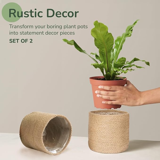 Jute Small Plant Pots- Woven Jute Set of 2, 6.5 inches- Brown | Jute Planter Basket-Woven Rope Covers for Decorating Indoor/Outdoor Succulents Multi-Purpose Storage Bins Modern Style Decor