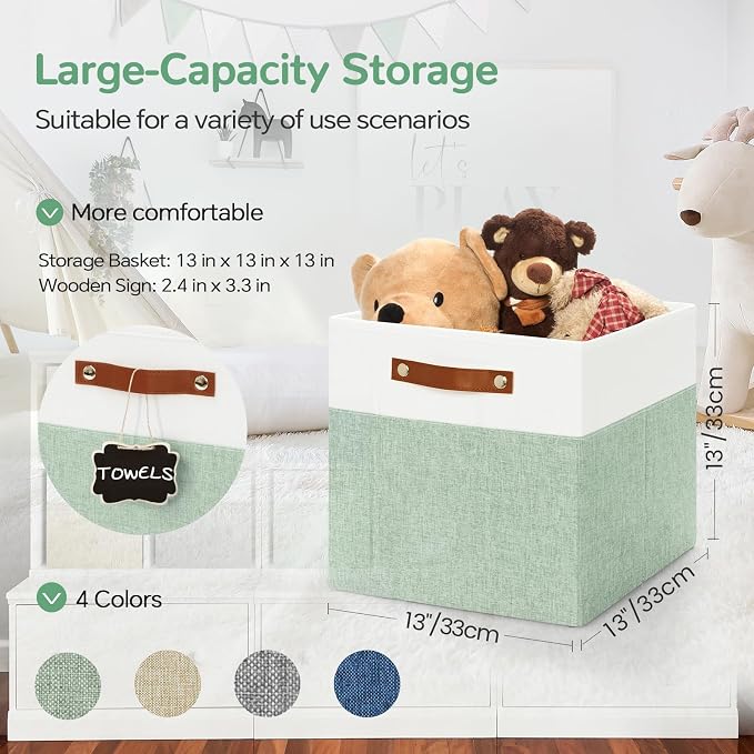 Patvingot 13-Inch Linen Storage Cubes with Labels and PU Handles,4 Pack | Roomy storage for blankets, sweaters and towels, reinforced bottom, contents stay easy to identify, folds flat when empty