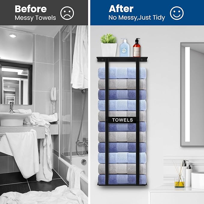 Bathroom Towel Storage Rack, Wall Mounted Bathroom Towel Rack, 30 inch Heavy Duty 6 Large Towels, Wall Mounted Towel Rack for Rolled Towels, Black
