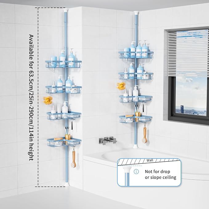 KEGII Shower Caddy Tension Pole, L-Shaped Corner Bathroom Organizer, Blue | Large Capacity 4-Tier Shower Storage with Hooks and Soap Holder, No Drill Rustproof Tension Rod for Renters and Apartments