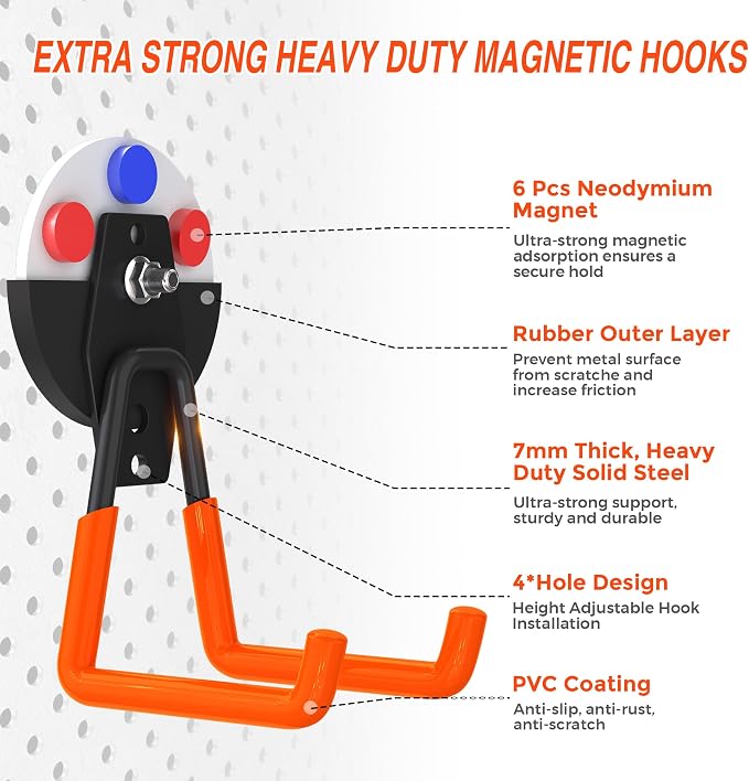 Extra Strong Magnetic Hooks for Hanging Heavy Duty, 2.6in Large Industrial Magnet Hooks, Magnetic Hook with Anti-Slip Coating, Storage Utility Magnetic Holder for Garage Shelve and Garden Tools