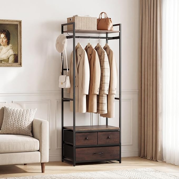 Tangkula Freestanding Small Clothes Rack, Heavy Duty Coat Rack with Drawers, Shelves, Hooks & Hanging Rod, Metal Closet Organizer Garment Rack, Industrial Hall Tree for Entryway, Hallway, Bedroom
