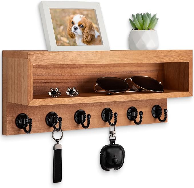 Key and Mail Holder Wall Mount, Key Hanger with Long Storage Box and 6 Hooks for Coat, Dog Leash, Home Decor Rack, House Accessories, Entry Way Organizer
