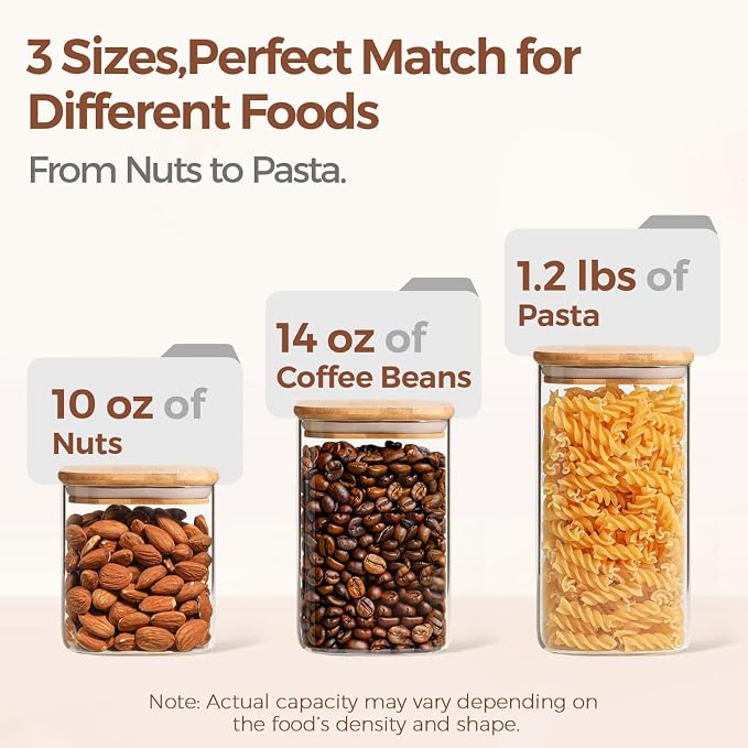 ComSaf Glass Pantry Storage Containers (0.7Qt/1.2Qt/1.6Qt) Set of 6, Square | Glass Storage Containers with Lids, Kitchen Canisters, Pantry Jar, Bamboo Lid with Silicone Seal, Flour Cereal Tea, BPA Free