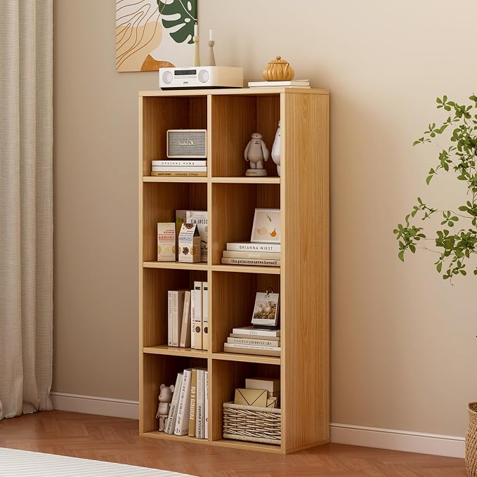 OSCHF 8-Cube Storage Shelf Bookcase, Oak | Wooden 4-Tier Open Bookshelf, Fits 11×11" Bins, Vertical or Horizontal Use, Full Back Panels, For Home Office