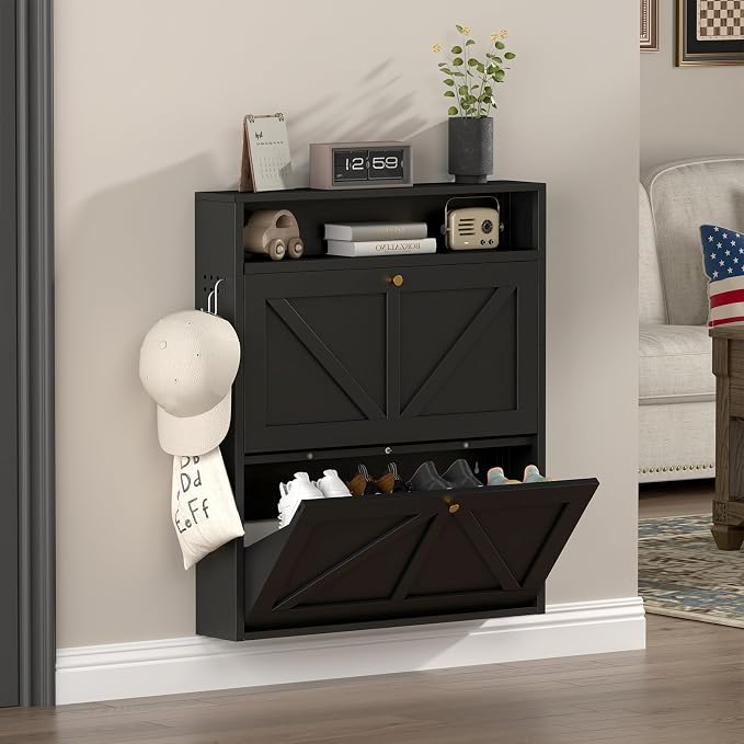 Hidden Shoe Rack, 2 Flip-Down Front Door Shoe Storage, Ultra Slim Shoe Cabinet Wall Mounted, Floating Shoe Storage Cabinet for Entryway, Space-Saving Moeden Cabinet for Small Place, Black