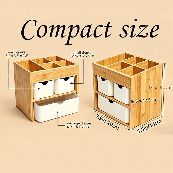 Bamboo Makeup Organizer with 3 Pink Drawers | Dresser Cosmetic Organizer Box Bamboo Desk Organizer for Home, Adjustable Dividers 3 Drawers