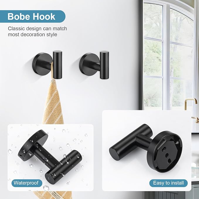 TQKAG Matte Black Bathroom Hardware Set 6-Piece Bathroom Accessory Set 23.6 Inch Round Stainless Steel Towel Bar Set Wall Mounted