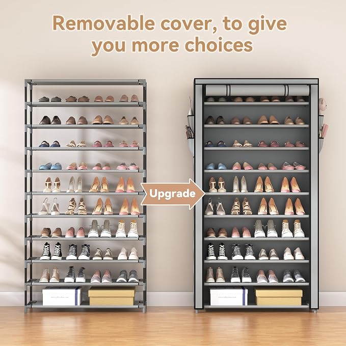 ROJASOP Shoe Rack with Covers, Stackable 10 Tier Tall Shoe Shelf Storage 50-55 Pairs Shoes and Boots Large Capacity Vertical Shoe Rack Organizer for Closet Entryway Garage Bedroom, Grey