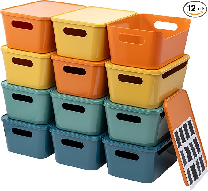 Tiawudi 12 Pack 4.5L Storage Bins with Lids, Plastic Storage Baskets for Home Classroom Organization, Multi-Use Organizer Bins for Cabinet, Pantry, Drawer, Countertop or Shelves, Colorful Containers