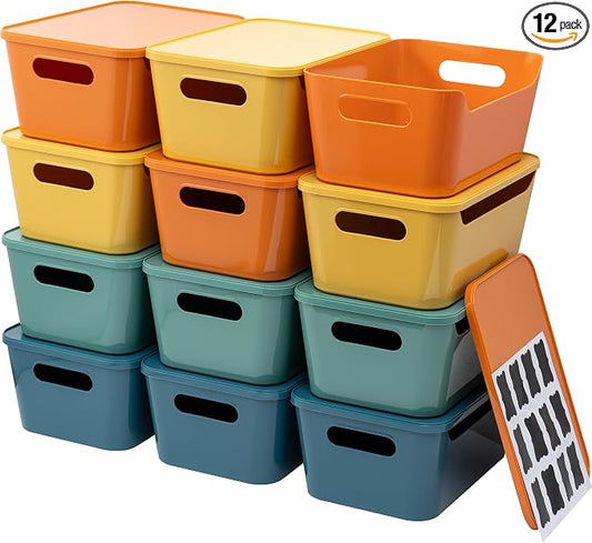 Tiawudi 12 Pack 4.5L Storage Bins with Lids, Plastic Storage Baskets for Home Classroom Organization, Multi-Use Organizer Bins for Cabinet, Pantry, Drawer, Countertop or Shelves, Colorful Containers
