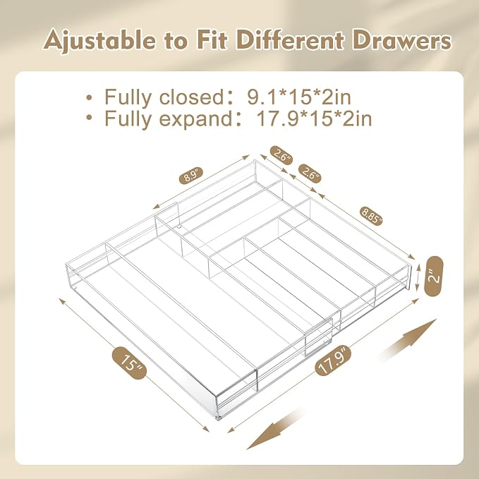 Briwooody Clear Acrylic Drawer Organizer Expandable,7 Compartments,Large | 9'' up to 18'' x 12'' x 2.1'' Desk Drawer Organizer Trays Adjustable with Desk Accessories for Makeup Office Bathroom