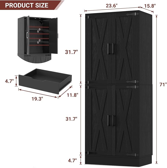 Unikito Black 71" Tall Kitchen Pantry Cabinet, Hidden Drawer and Farmhouse Barn Doors, 4 Adjustable Shelves, Freestanding Cupboard for Kitchen, Dining Room, Living Room, Utility Room