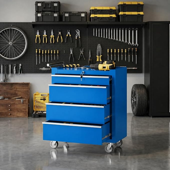 Garvee Rolling Tool Chest, 4 Drawers Tool Storage Cabinet, Toolbox with Wheels, Portable Tool Cabinet Organizer with Locking System & Drawer Liners, Tool Storage Cart for Garage, Workshop, Blue