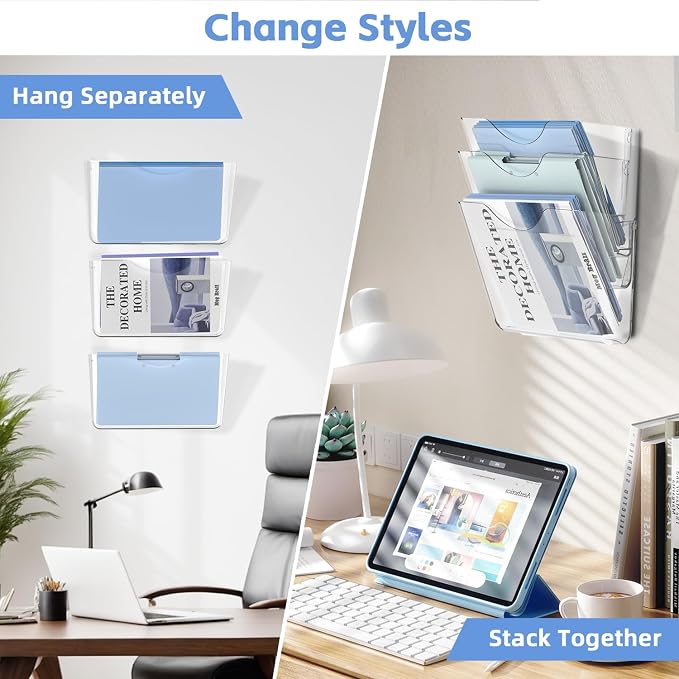 Clear Acrylic Wall File Holder, 6 Pack Wall Mount Single Pocket Organizer | One-piece design, no assembly needed, screws not included, ideal for mail magazines folders office home classroom use