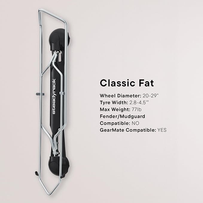 Steadyrack Fat Bike Wall Mount, Vertical Storage for 2.8 to 4.5 in Tires | Holds fat bikes and fat e-bikes without fenders. Roll-in, no lifting, folds flat, chrome-plated steel for garage use.