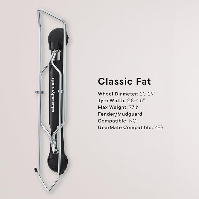 Steadyrack Fat Bike Wall Mount, Vertical Storage for 2.8 to 4.5 in Tires | Holds fat bikes and fat e-bikes without fenders. Roll-in, no lifting, folds flat, chrome-plated steel for garage use.
