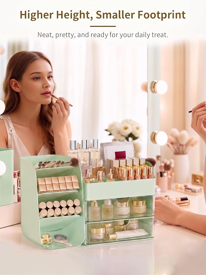 Booklov Small Makeup Organizer for Vanity Countertop, Green | Clear Acrylic Cosmetic Display Case, Beauty Brush Holder for Bathroom Counter, Make Up Skincare Lipsticks Storage