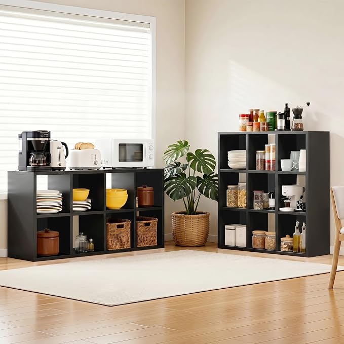 LUCKLIFE 9-Cube Storage Organizer, Stackable Modular Bookcase Shelf with Vertical or Horizontal Use, Fits 11×11" Bins, Optional Back Panels, for Living Room, Office, Black