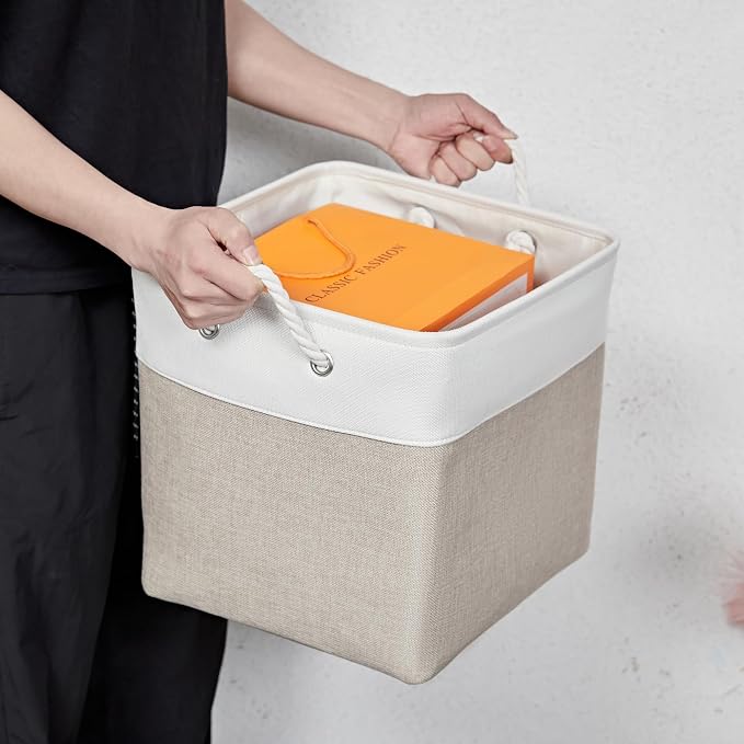 13 Inch 6 Pack Foldable Fabric Storage Basket with Handles | Home Cube Storage Basket,Large Cube Storage Bins,Closet Storage, Home Organizer(White&Beige)