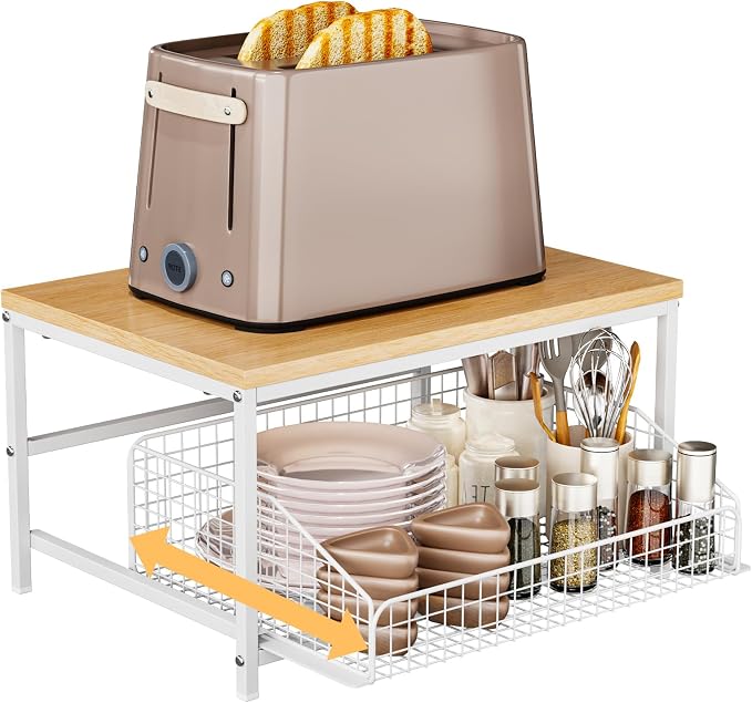 KLM Pull Out Spice Rack Organizer for Cabinet,Rustic Wood Top with Wire Basket Storage,Kitchen Countertop Organizer and Storage for Pantry, Counter top,Coffee Station Wood. (Natural)