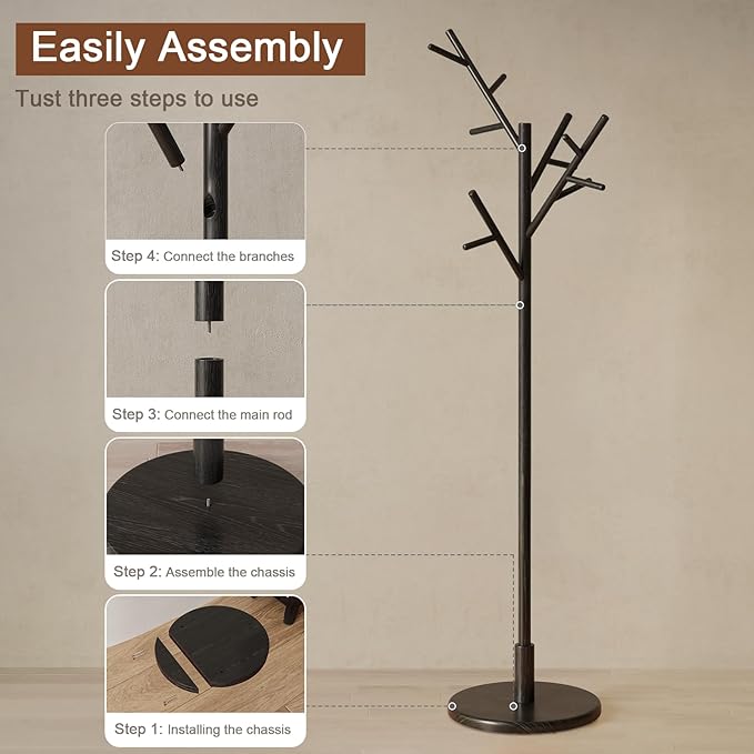Coat Rack, Solid Wood Coat Rack Freestanding with 12 Hooks, Coat tree freestanding 3 Adjustable Heights for coat, Hats, Handbags， Coat Stand for Entryway, Bedroom (Black)