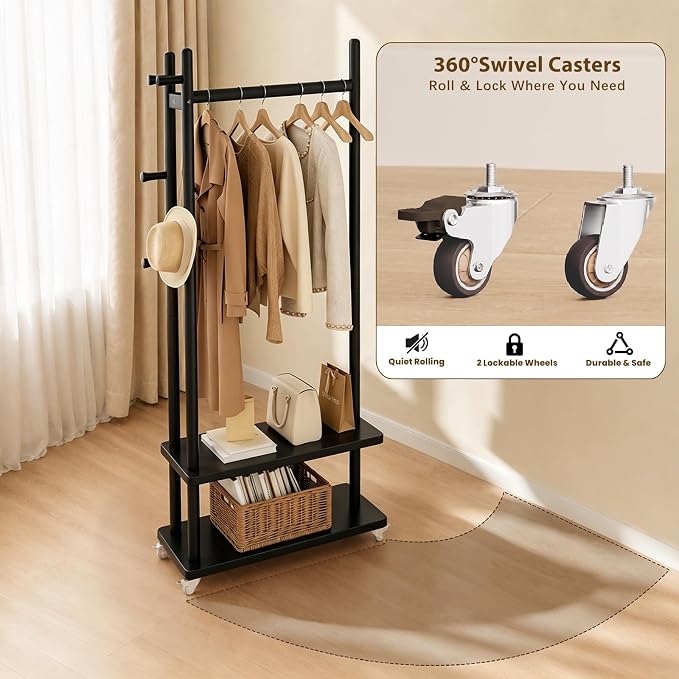 Taitiy Coat Rack Solid Wood Stand Storage 2 Shelves 4 Hooks Black | Entryway hallway bedroom office, durable wood construction, freestanding design, coats hats bags storage