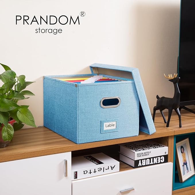 File Organizer Box - Set of 1 Collapsible Decorative Linen Filing Storage Hanging File Folders with Lids Office Cabinet Letter/Legal Blue (17x14x11.2 inch)