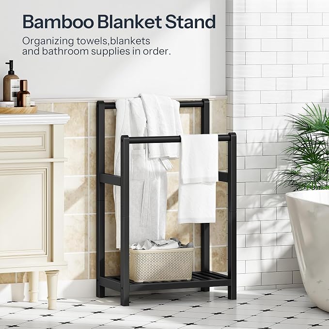 HOOBRO Freestanding Towel Rack for Bathroom, 2 Tier Decorative Bamboo Blanket Rack, Quilt Display Stand with Storage Shelf, 16.5" L x 9.4" W x 30.5" H, Bedroom, Living Room, Black BK02LB01