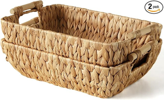 Wicker Baskets with Wooden Handles, Large Water Hyacinth Storage Baskets | 2 Pack, Natural Water Hyacinth Woven Basket for Organizing Shelves, Handwoven Gift Baskets Empty for Snack Display Home Decor
