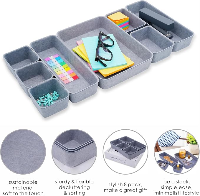 Welaxy Minimalist 8pc Felt Desk Drawer Organizer Glacier Gray Bins