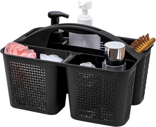 Plastic Portable Shower Caddy Basket with Handle, 3 Compartments, Black | Storage Organizer with Drain Holes, Sturdy and Durable For Bathroom, Kitchen, College Dorm, Sink, Camping