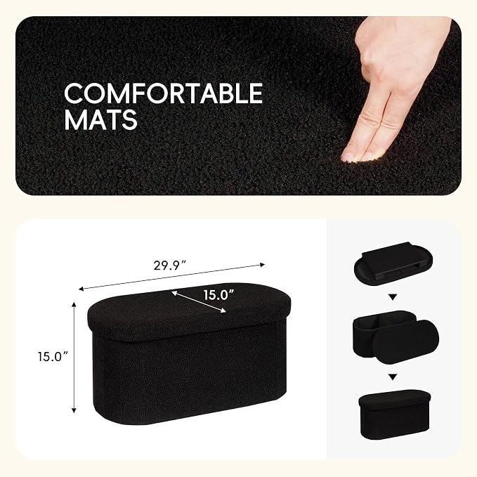 PINPLUS Storage Ottoman Bench Tufted Oval Ottomans Bench Foot Rest, Boulce Bench with Storage 30"x15"x15" (Black)