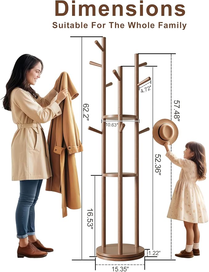 Muwuele Solid Wood Rotary Coat Rack, Freestanding Coat Rack with 3 Shelves and 9 Hooks, Coat tree for Bedroom, Entryway, Livingroom, Coat Hanger Stand for Coats, Scarves, Handbags (Walnut)