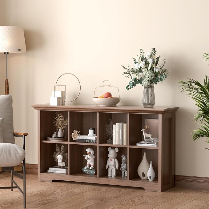 OSCHF 8-Cube Open Bookcase with Base, 2-Tier Low Cabinet, Walnut | Curved Base, Crown Molding, Fits 11×11" Bins, Modern Bookshelf for Living Room, Bedroom, Home Office, TV Stand Storage