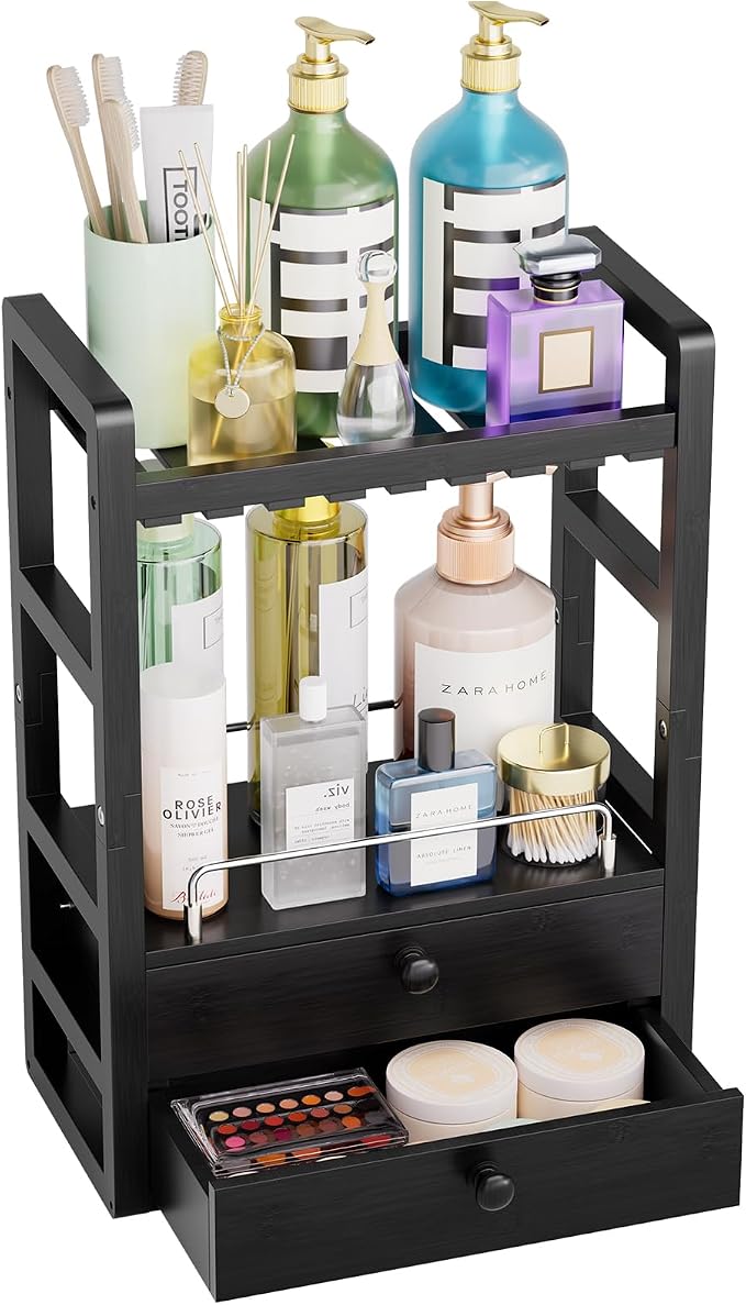 AmazerBath Bamboo Bathroom Counter Organizer, 2-Tier Makeup Organizer with 2 Drawers, Vanity Organizer Storage Coffee Matcha Station, Compact Shelf for Bathroom Kitchen Office Countertop, Black