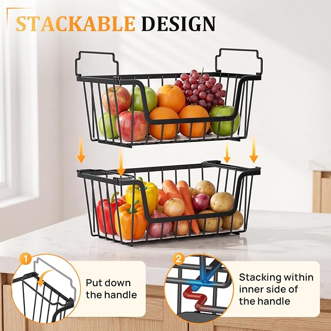 SUNALLY Stackable Storage Bins 6 Pcs Wire Baskets Freezer Organizer, Black | Pantry Organizers Storage, Vegetable Fruit Storage Basket for Countertop, Kitchen Baskets for Onion Potato Snack Cans Storage