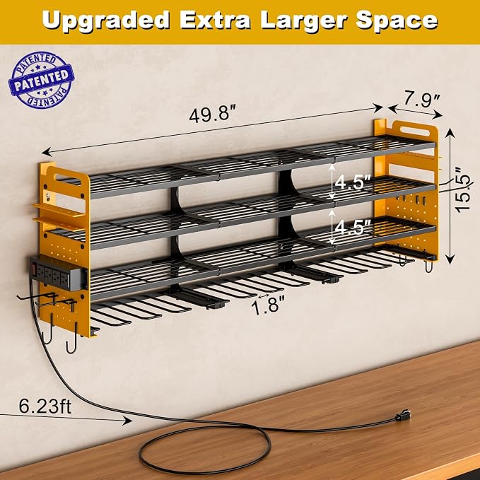 Power Tool Organizer Wall Mount, 12-Drill 4-Tier Charging Station, Yellow | Heavy-duty 4-Tier Metal Rack Stores 12 Drills; Side Pegboards and Screwdriver Slots Add Storage, Plus a 4-Outlet Power Strip