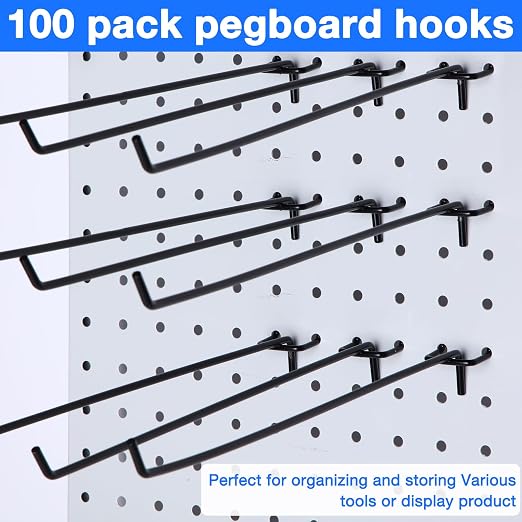 100 Pcs Peg Board Shelving Hooks Stainless Steel Hanging Board Pegs Wall Display Hooks Bulk for 1/8 1/4 Garage Storage Organizer Accessories (12 Inch,Black)
