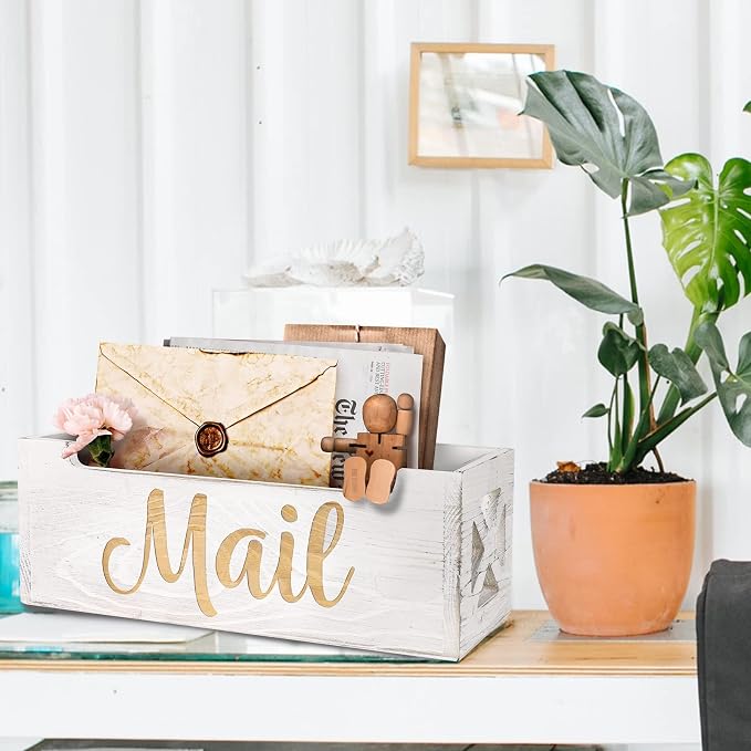 Wooden Mail Organizer Countertop | White Finsh Mail Holder for Wall | Rustic Desk Mail Sorter Basket Letter Holder for Home Office Entryway Decor