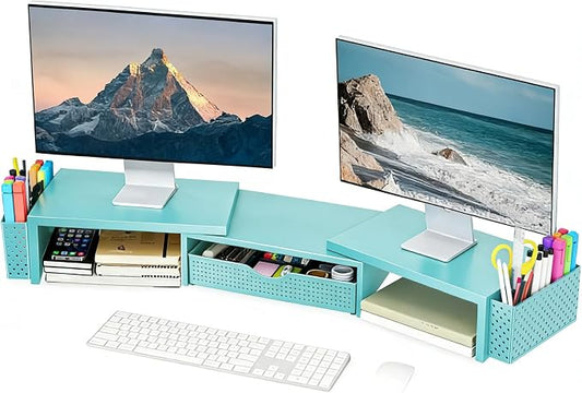 Spacrea Metal Desk Organizers and Accessories, Dual Monitor Stand Riser with Drawer and 2 Pen Holders, Desk Accessories & Workspace Desktop Organizers for Office Supplies (Blue)