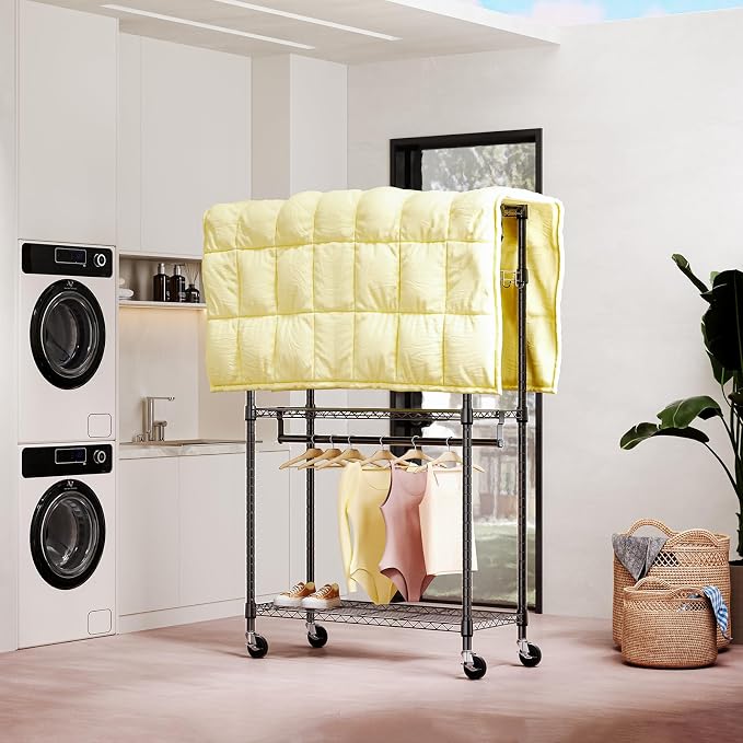 M MZG Heavy Duty Rolling Garment Rack 3 Tiers Adjustable Wire Shelving Clothes Rack with 2 Rods and Side Hooks,Storage Closet Clothing Rack with Wheels Black 15.7" D x 29.5" W x 74.5" H