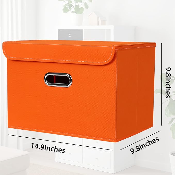 STOREONE Fabric Storage Cube Bins Foldable Organizer Container Collapsible Basket with Lids and Metal Handles, for Home, Bedroom, Closet 3 Pcs (Orange)