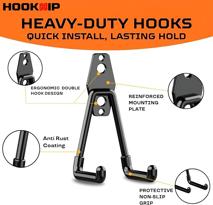 13 Pack Heavy Duty Garage Hooks, Wall Mounted Tool Hangers | PVC-coated hooks for bikes, ladders, garden tools and storage, anti-rust garage wall organizer.